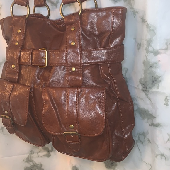 🎒 Brown Leather Like Shoulder Bag with Pockets and Buckles - Picture 3 of 11